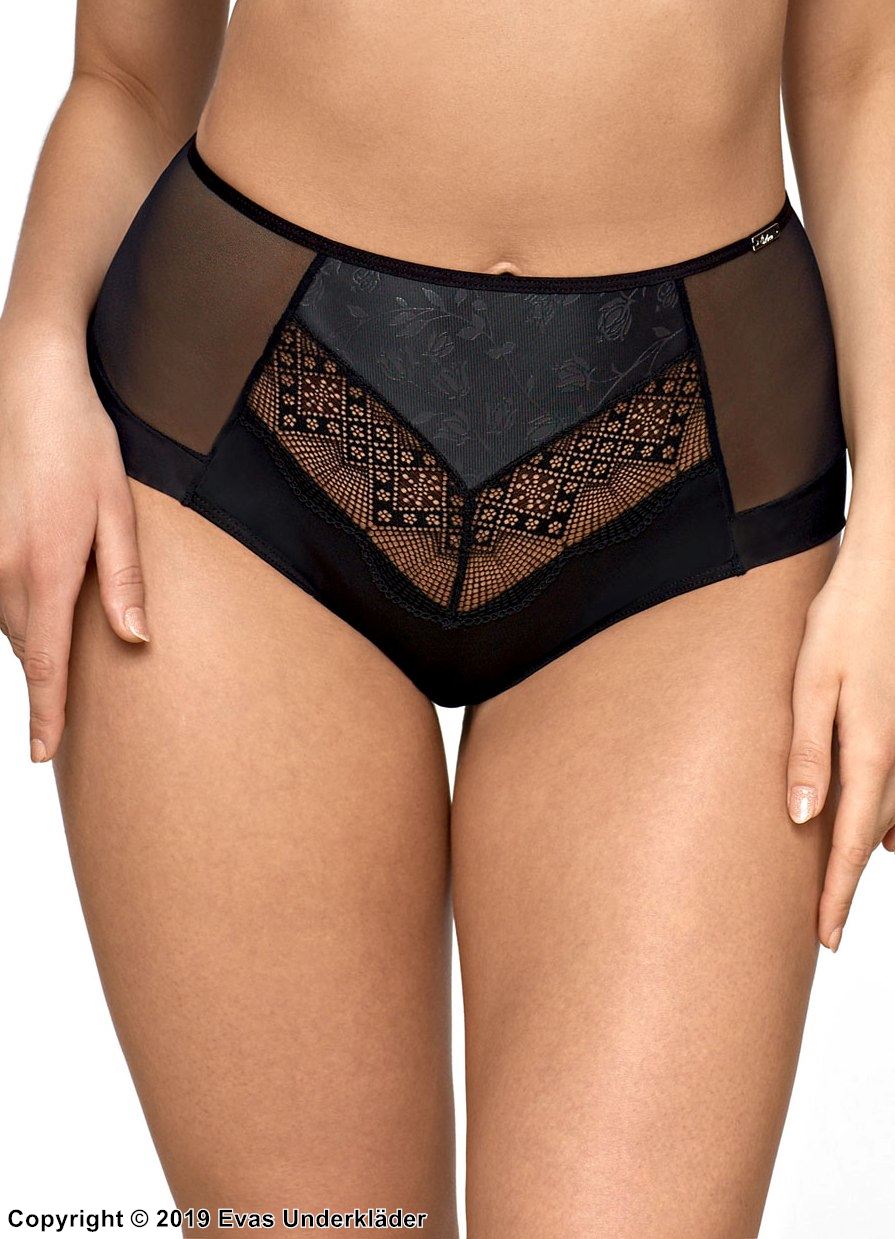 High waist panties, sheer mesh, openwork lace